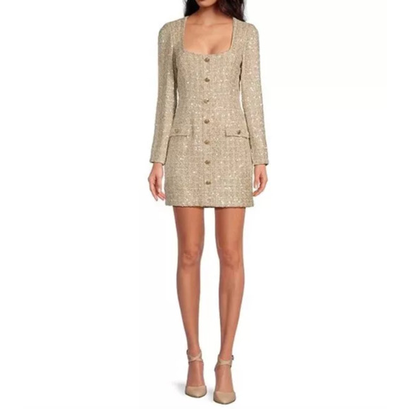 Gianni Bini Dresses & Skirts - Gianni Bini Lissy Dress Tweed Long Sleeve Button Sequin Beige Preppy US 2 NWT